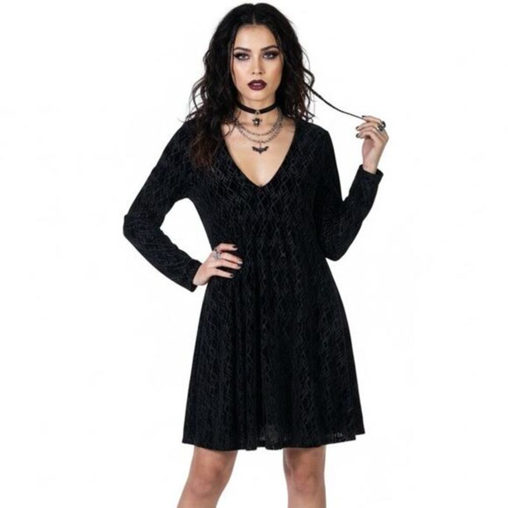 Anna Grace Velvet Geometric Fit & Flare Dress Womens S‎ Black Gothic Whimsygoth